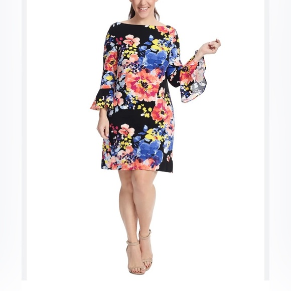 NWT Tahari by ASL Ruffle Bell-Sleeve Floral Scuba‎ Crepe Shift Dress: BB55